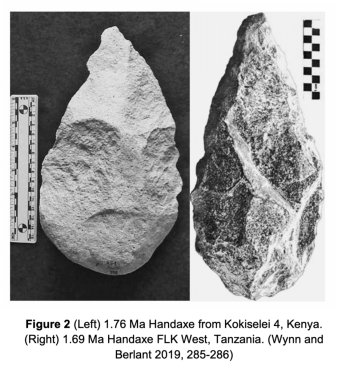 Figure 2 (Left) 1.76 Ma Handaxe from Kokiselei 4, Kenya. (Right) 1.69 Ma Handaxe FLK West, Tanzania. (Wynn and Berlant 2019, 285-286)